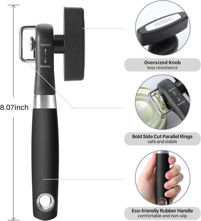 Beneno Can Opener, Manual Side Safe Cut Can Opener Smooth Edge with Durable Sharp Blade, Effort-Saving Knob & Comfortable Non-slip Handle, Black - Image 2